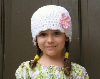 Toddler girl hat custom 40 flower colors crochet winter flapper beanie cozy accessory Spring fashion baby to womens sizes personalized white