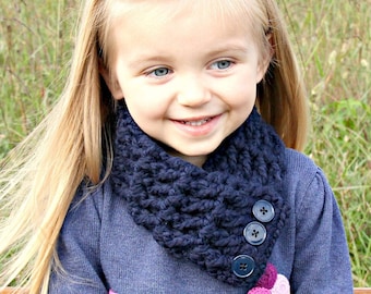 Toddler girl button scarf chunky crochet cowl neck warmer kids womens sizes warm cozy fall knits winter scarves gift for her dark navy blue