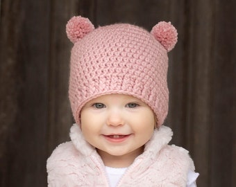 Toddler girl hat 65 colors mini pom bear ear crochet beanie knit fall fashion autumn knitwear winter outerwear baby - womens sizes rose pink