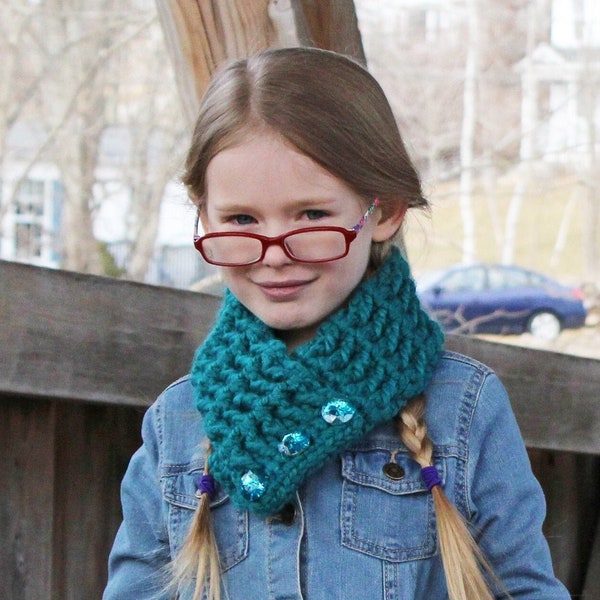 Toddler girl button scarf chunky crochet cowl neck warmer warm cozy fall knits winter scarves womens sizes gift for her teal green blue