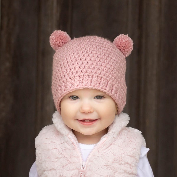 Toddler girl hat 39 colors mini pom bear ear crochet beanie knit fall fashion autumn knitwear winter outerwear baby - womens sizes rose pink
