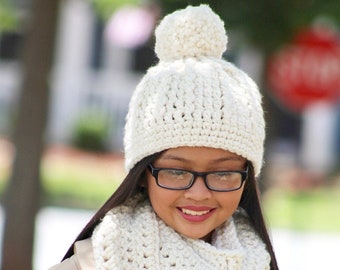 Girls winter hat 39 colors chunky crochet pom beanie cozy knit accessory fall fashion smaller larger sizes gift for her mom cream sparkle