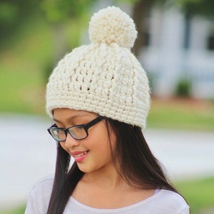 Girls winter hat 39 colors chunky crochet pom beanie cozy knit accessory fall fashion smaller larger sizes gift for her mom cream sparkle image 3