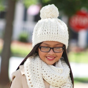 Girls winter hat 39 colors chunky crochet pom beanie cozy knit accessory fall fashion smaller larger sizes gift for her mom cream sparkle image 1