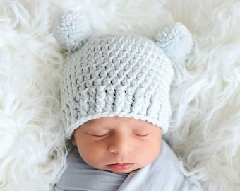 Baby boy hat 39 colors mini pom bear ear hospital beanie for coming home outfit newborn photography photo prop shower gift pale light blue