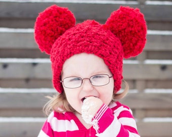 Toddler hat 18 colors giant pom winter beanie newborn baby - womens sizes Christmas card family photography photo prop Mickey Mouse red
