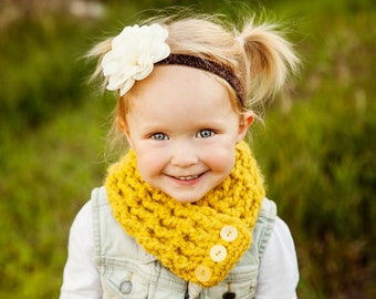 Toddler girl scarf READY TO SHIP yellow citron chunky crochet button scarflette autumn knitwear cozy fall knit winter scarves unique gift