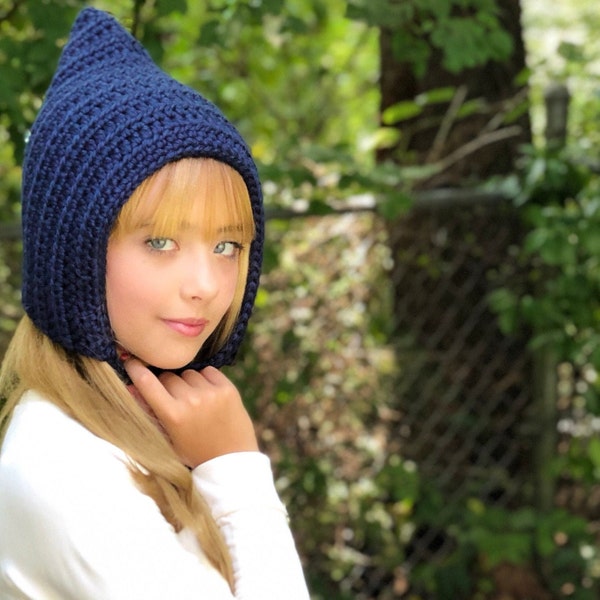 Pixie elf hat 30 colors winter gnome bonnet newborn baby toddlers girls womens womans sizes crochet knit unique gift for her dark navy blue