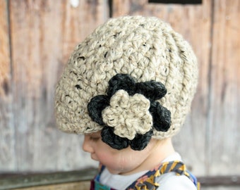 Toddler girl hat chunky crochet flower winter beanie cozy knit back to school fall fashion autumn knitwear oatmeal dark charcoal gray grey