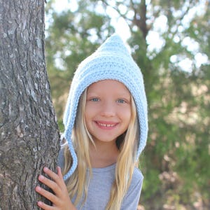 Crochet gnome hat, winter elf bonnet, newborn baby - toddler - girl - womens sizes, cozy fall knits, unique gift for her, pastel light blue