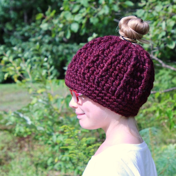Girls ponytail hat 39 colors messy bun beanie chunky crochet back to school cozy knit winter accessory unique gift for her dark red wine
