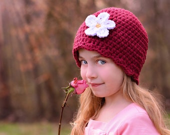 Girls hat custom dark red wine crochet flapper beanie newborn baby toddler womens sizes personalized spring fall winter 34 flower colors