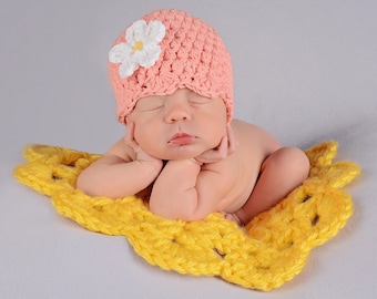 Baby girl hat 34 crochet flower colors personalized hospital beanie for spring coming home outfit newborn photo prop light orange peach