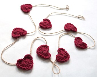 Dark red Valentine's Day heart garland rustic farmhouse home decoration for mantel bunting baby shower nursery decor crochet 30 45 60" inch