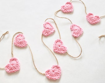 Pink Valentine's Day heart garland rustic farmhouse home decoration for mantel bunting love baby girl nursery decor crochet 30 45 60" inch
