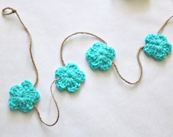 Aqua blue flower garland 39 colors Summer crochet modern farmhouse home decoration mantel bunting baby girl nursery decor 30 45 60" inch