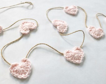 Light pink Valentines Day garland crochet heart rustic farmhouse home decoration for mantel bunting baby girl nursery decor 30 45 60" inch