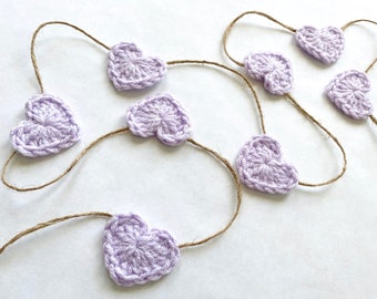 Valentines Day garland crochet heart rustic farmhouse home decoration mantel bunting baby nursery decor light purple lavender 30 45 60" inch