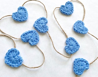 Blue heart farmhouse garland Valentines Day crochet rustic home decoration mantel bunting baby nursery decor Spring wedding 30 45 60" inch