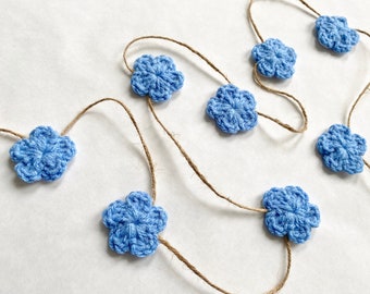 Blue flower garland crochet modern farmhouse knit Spring home decoration for mantel bunting Fall cubicle decor 30 45 60" inch 39 colors