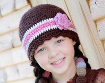 Toddler girl hat brown cream pink crochet flower flapper beanie newborn baby - womens sizes cute fall fashion autumn knitwear winter knits