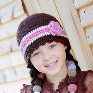 Toddler Girl Hat Brown Cream Pink Crochet Flower Flapper - Etsy