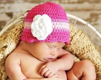 Pink baby girl hat crochet flower winter hospital beanie for fall coming home outfit photo prop shower gift for her newborn - womens sizes