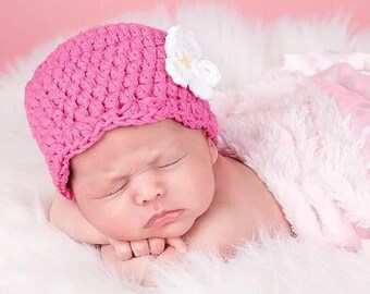 Newborn baby girl hat READY TO SHIP hot pink flapper beanie winter crochet flower hospital hat for going home outfit Christmas photo prop