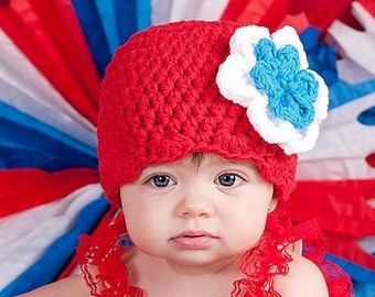 Baby girl hat red white blue crochet flower beanie for military homecoming outfit patriotic photo prop for Fourth 4th of July photography