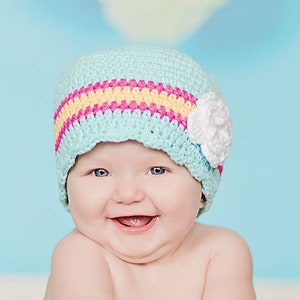 Baby girl hat crochet flower spring hospital beanie for coming home outfit photography photo prop shower gift aqua blue hot pink yellow