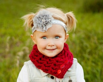 Toddler scarf girls scarflette chunky crochet cowl with buttons knit neck warmer fall accessories winter scarves womens sizes cranberry red