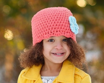 Toddler girl hat 34 flower colors personalized tangerine coral orange flapper beanie croche tbaby - womens sizes custom unique gift for her