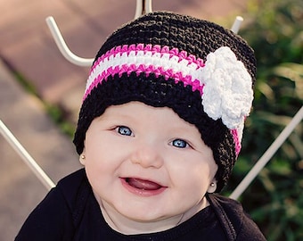 Baby girl hat black hot pink white striped crochet flower winter flapper beanie warm fall fashion toddler girl's womens sizes gift for her