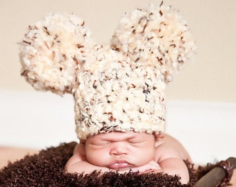 Giant pom baby hat 18 colors winter hospital beanie for coming home outfit newborn photo prop shower gift baby girl boy Mickey Mouse brown