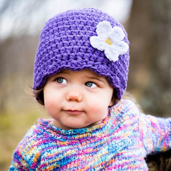 Purple toddler girl hat personalized 40 flower colors crochet flapper beanie baby - womens sizes warm cozy fall knit gift for her mom mother