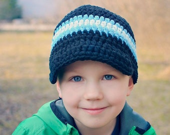 Toddler boy hat all sizes dark navy bright aqua blue striped visor winter beanie back to school boy's cap with stripes unique gift for him