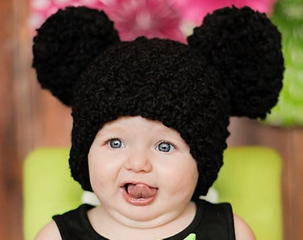 Black giant pom hat 18 colors newborn baby toddler girl womens sizes Mickey Mouse inspired winter beanie chunky crochet fall knit fashion