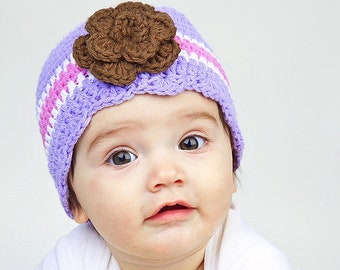 Baby girl hat crochet flower toddler flapper beanie light purple lavender pink white fall fashion autumn knitwear winter knits larger sizes