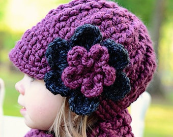 Toddler girl hat chunky crochet winter beanie knit flower warm cozy fall finds baby - womens sizes gift for her purple plum & charcoal gray