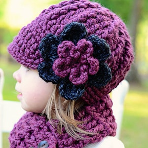 Toddler girl hat chunky crochet winter beanie knit flower warm cozy fall finds baby - womens sizes gift for her purple plum & charcoal gray