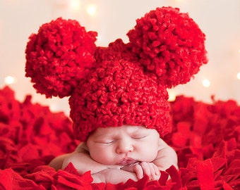 Giant pom baby hat 32 colors newborn girl or boy winter hospital beanie for Christmas coming home outfit holiday photography photo prop red