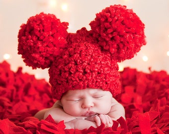 Giant pom baby hat 18 colors newborn girl or boy winter hospital beanie for Christmas coming home outfit holiday photography photo prop red