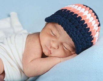 Baby boy hat dark navy blue tangerine white striped visor beanie winter hospital cap with stripes for coming home outfit newborn photo prop