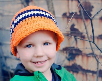 Toddler boy hat orange navy blue white striped visor beanie warm cozy fall knit fashion autumn outerwear winter cap w/ stripes gift for him