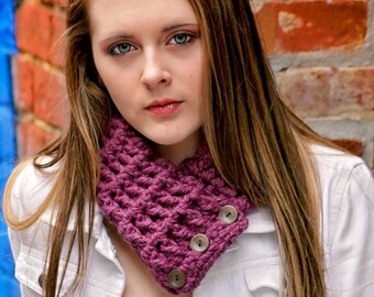 Womens button scarf womans chunky crochet scarflette knit cowl fall accessory winter scarves unique gift for her Mother's Day purple plum