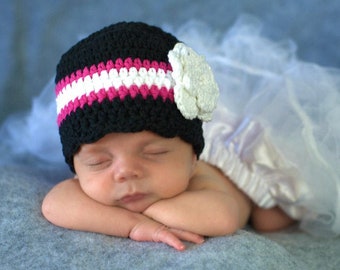 Babymütze für Mädchen, schwarz, weiß, heißes Rosa, gehäkelte Blumen-Krankenhausmütze für das Coming-Home-Outfit, Neugeborenen-Foto-Requisite, einzigartiges Duschgeschenk, größere Größen
