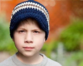 Toddler boy hat all sizes dark navy blue ecru brown striped visor beanie fall fashion cozy autumn knitwear winter outerwear gift for him