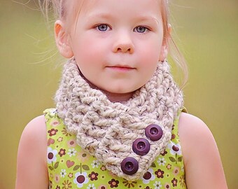 Toddler scarf chunky crochet cowl neck warmer scarflette winter scarves warm cozy fall knits gift for her girl oatmeal brown wood buttons