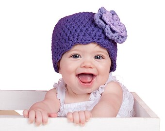 Baby girl hat crochet flower winter beanie spring photo prop for photography shower gift toddlers girls womens sizes purple grape lavender