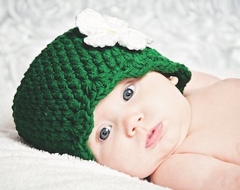 Newborn baby girl hat READY TO SHIP emerald green flapper beanie crochet flower hospital hat for going home outfit Christmas photo prop